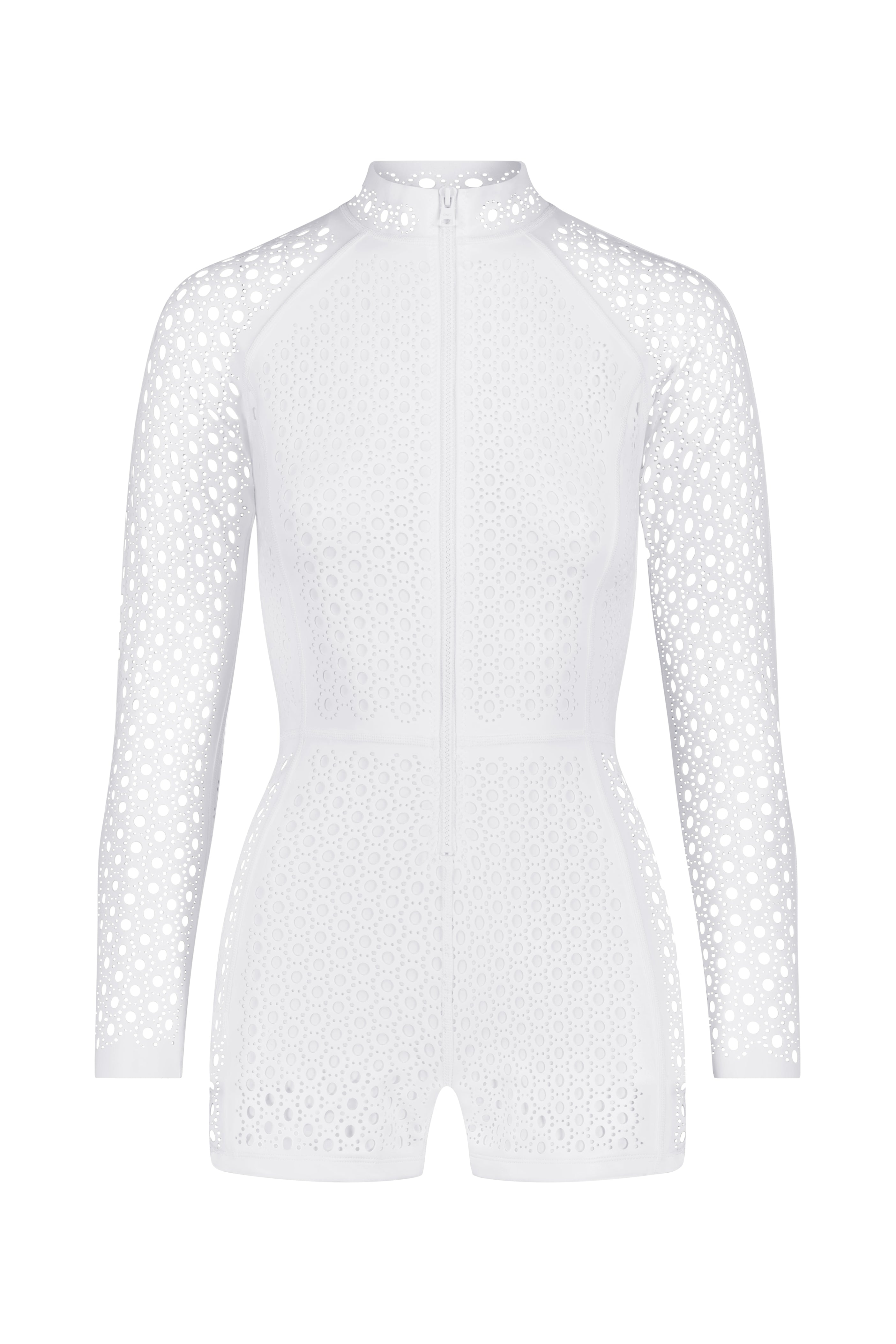 A white, long-sleeve, fitted jumpsuit with a high neckline and intricate eyelet patterns reflective of the sleek design seen in Gigi C Bikinis Rowen Surfsuit.
