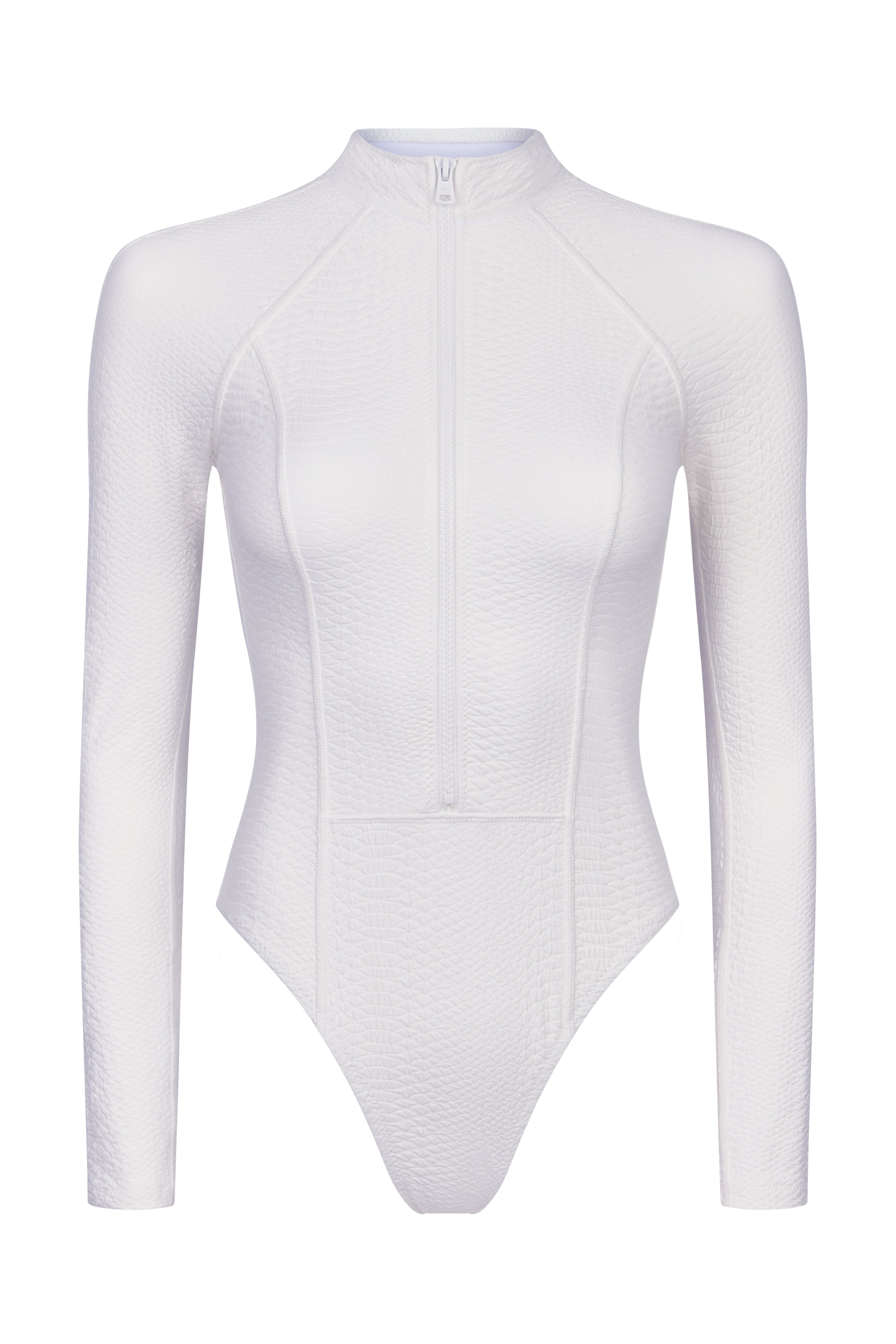 Introducing the Sophie Surfsuit by Gigi C Bikinis: a white, textured long-sleeve bodysuit with a high neckline and front zipper. Made from faux snake fabric, it boasts a fitted design with an embossed pattern and sleek high-cut leg for an edgy touch.
