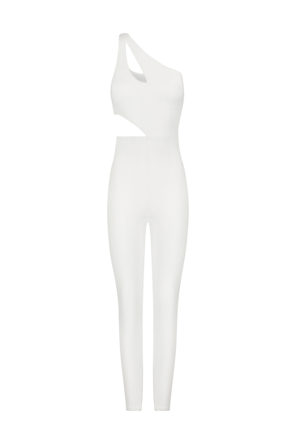 Explore Gigi C Sports Rory Jumpsuit, a white, one-shoulder design with a waist cutout. Its asymmetrical silhouette and sleek fit merge minimalist style with modern elegance.
