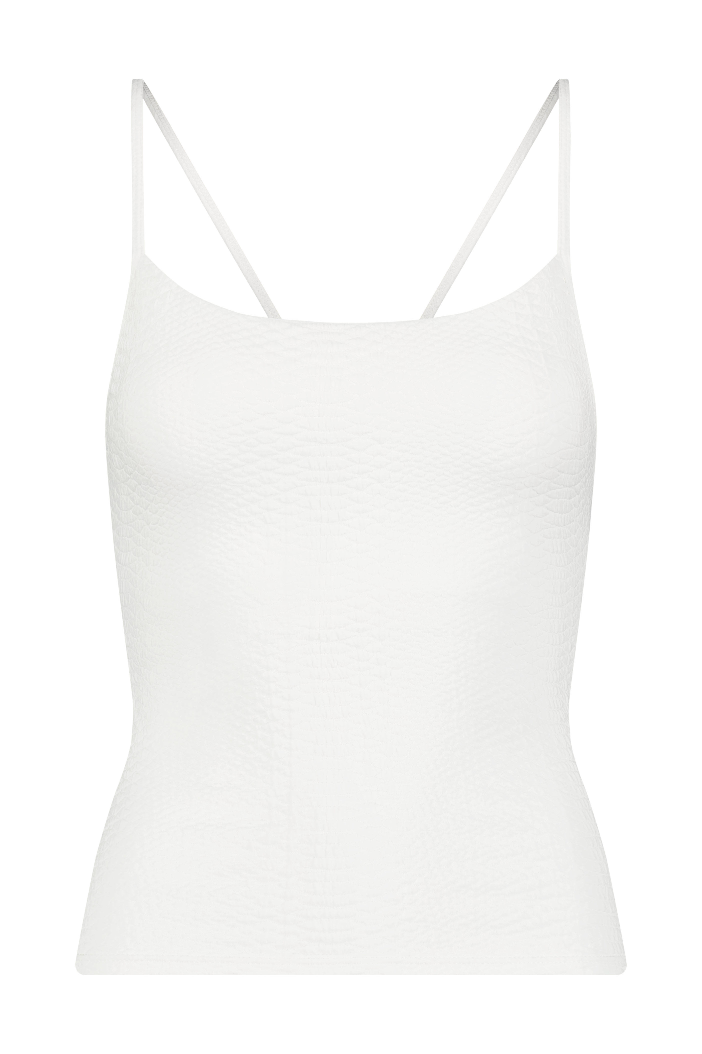 Introducing the Lucille Top by Gigi C Sport: a white, sleeveless spaghetti-strap design featuring a faux snake textured pattern. This fitted top exudes minimalist elegance with its sleek black background, ideal for those who appreciate sophisticated simplicity.