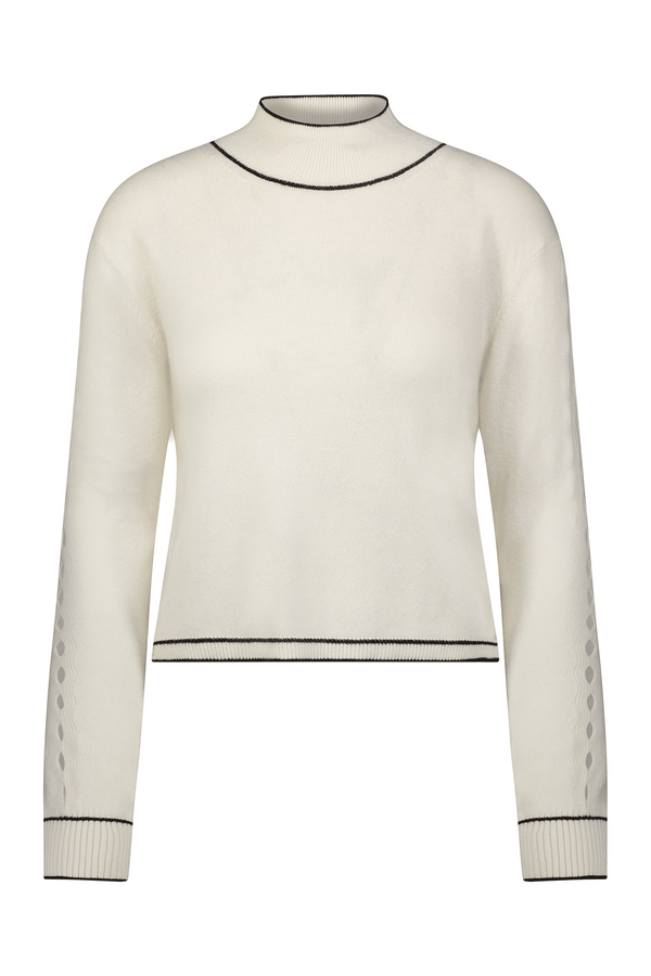 Introducing the Jacqueline Pullover by Gigi C Lounge: a cream, long-sleeve sweater with a high neck and black trim. It features teardrop cut-outs on sleeves and hem, crafted from soft recycled cashmere for an eco-friendly style.