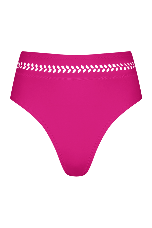 The Tabitha Bottom by Gigi C Bikinis is a bright pink womens bikini bottom made from silky scuba fabric, featuring a high-waisted design and a decorative waistband with laser-cut heart shapes. Stylish simplicity at its best.