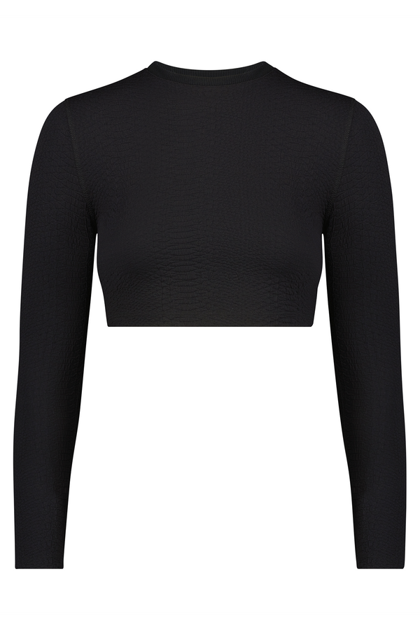 The Isabella Pullover by Gigi C Sport is a black, long-sleeve cropped top with a ribbed crew neck and textured faux snake fabric, displayed against a white background to highlight its minimalist design and fitted style.
