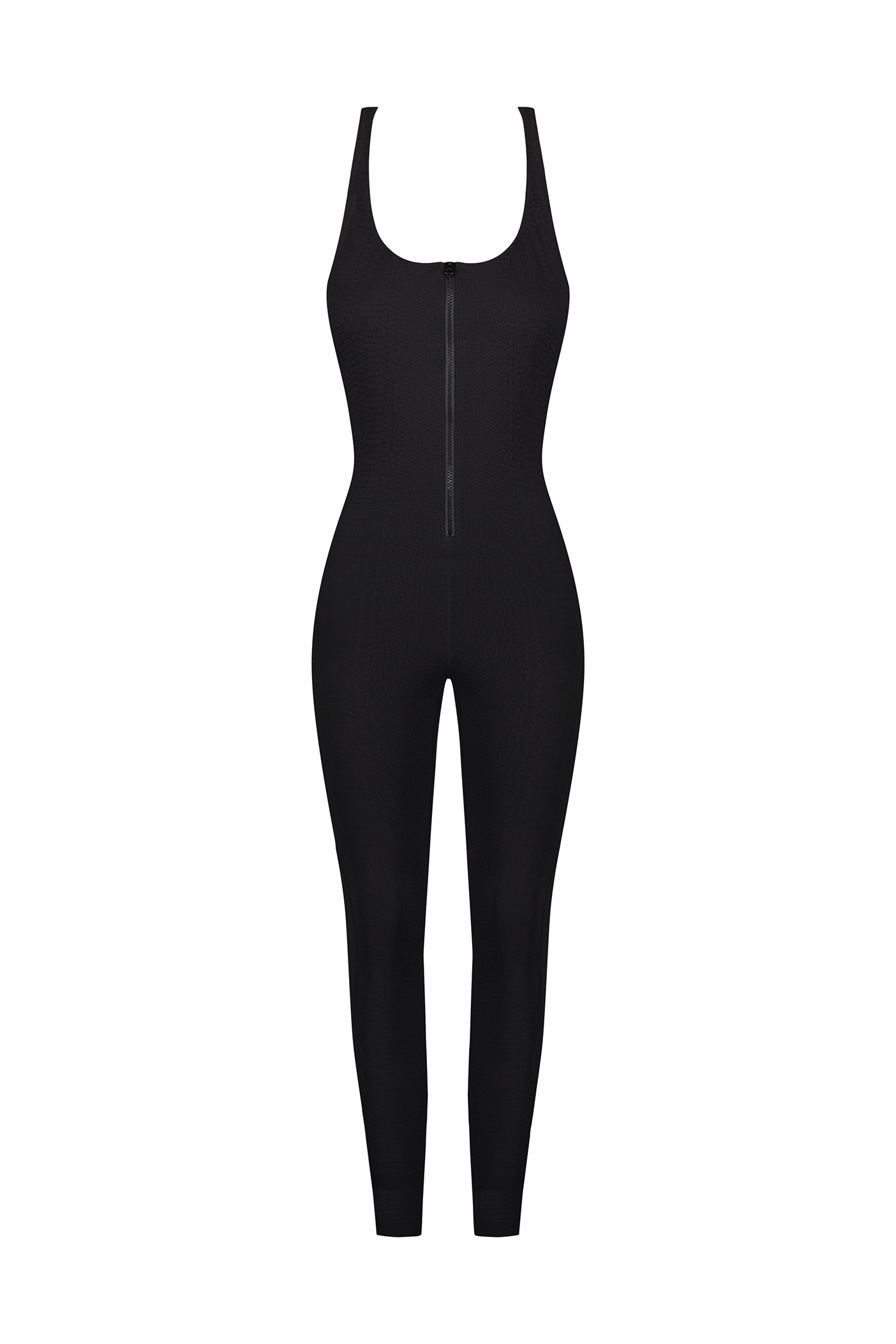 The Merit Jumpsuit by Gigi C Sport showcases a black textured, body-hugging design with a faux snake jacquard pattern. It features a sleeveless style, scoop neckline, and front zipper, offering bi-stretch compression for comfort and full-length legs against a plain white background.
