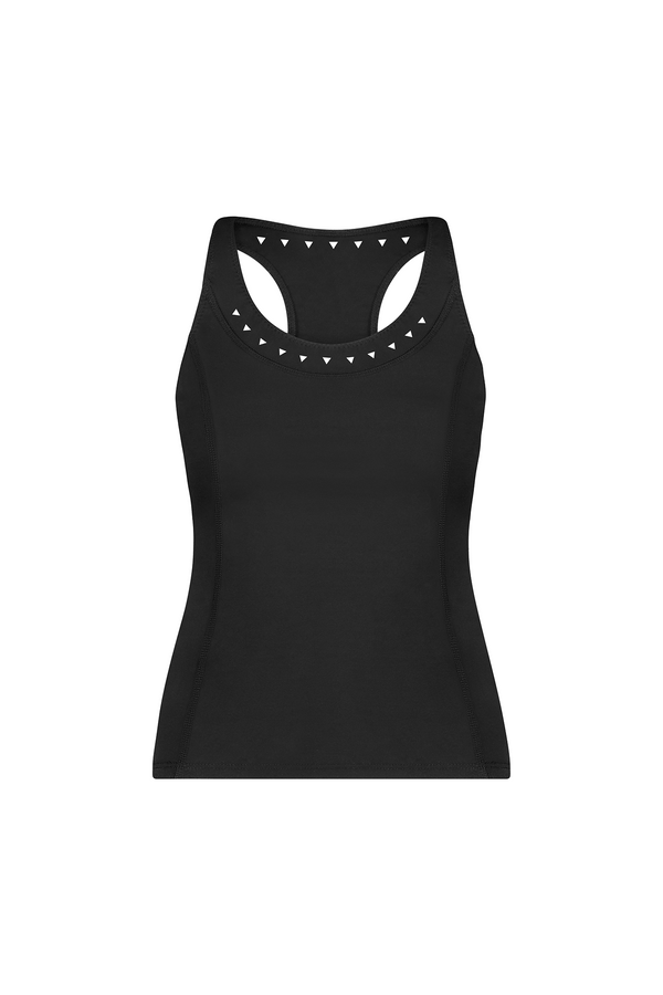 The Roberta Tank by Gigi C Sport is a sleeveless, black athletic top with laser cutouts at the neckline and racerback, made from breathable fabric for maximum comfort.