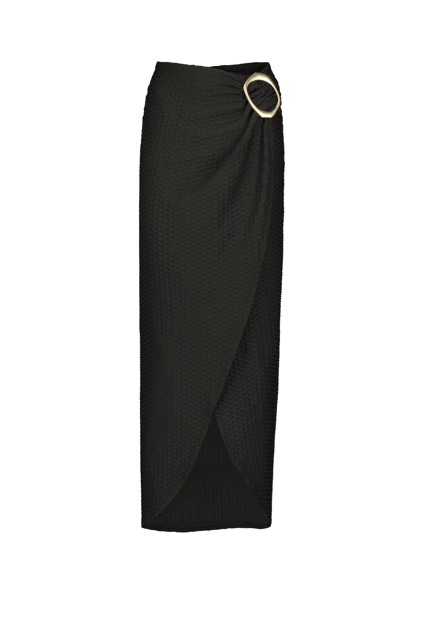 The Gigi C Bikinis Estelle Skirt is a long black wrap skirt with textured fabric, an asymmetrical hem, and a thigh-high split. It features a large gold oval buckle on the side that adds a cinched drape effect, elegantly complementing its gold finish.