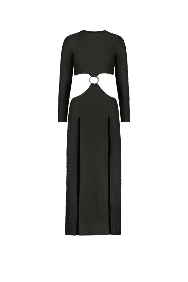Introducing Gigi C Bikinis Arihanna Maxi Dress: a sleek black dress featuring a modest neckline, textured fabric, long sleeves, thigh-high splits, and a midriff cutout connected by an asymmetric ring for an elegant yet bold look.