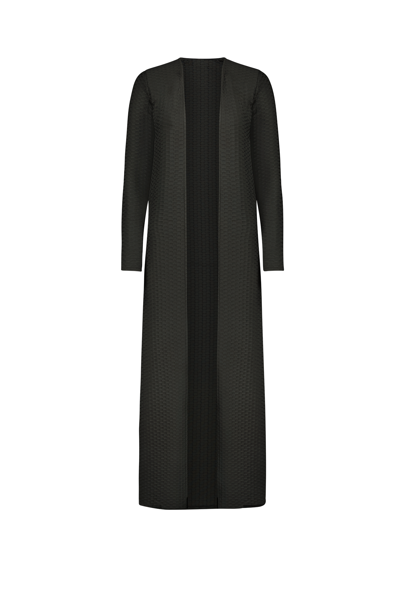 This long, black ankle-length Teagen Maxi Dress by Gigi C Bikinis features full-length sleeves, an open front, a textured pattern, and a luxurious hand feel.