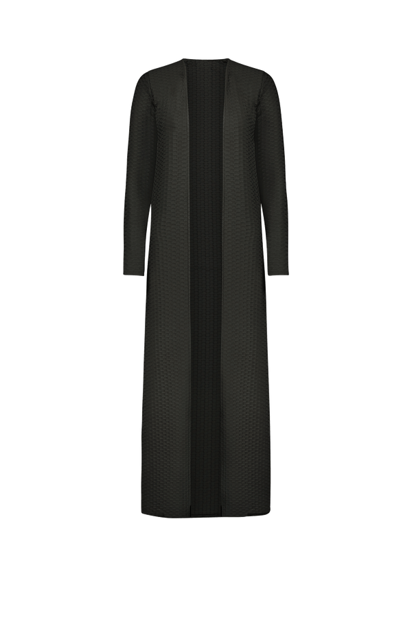This long, black ankle-length Teagen Maxi Dress by Gigi C Bikinis features full-length sleeves, an open front, a textured pattern, and a luxurious hand feel.