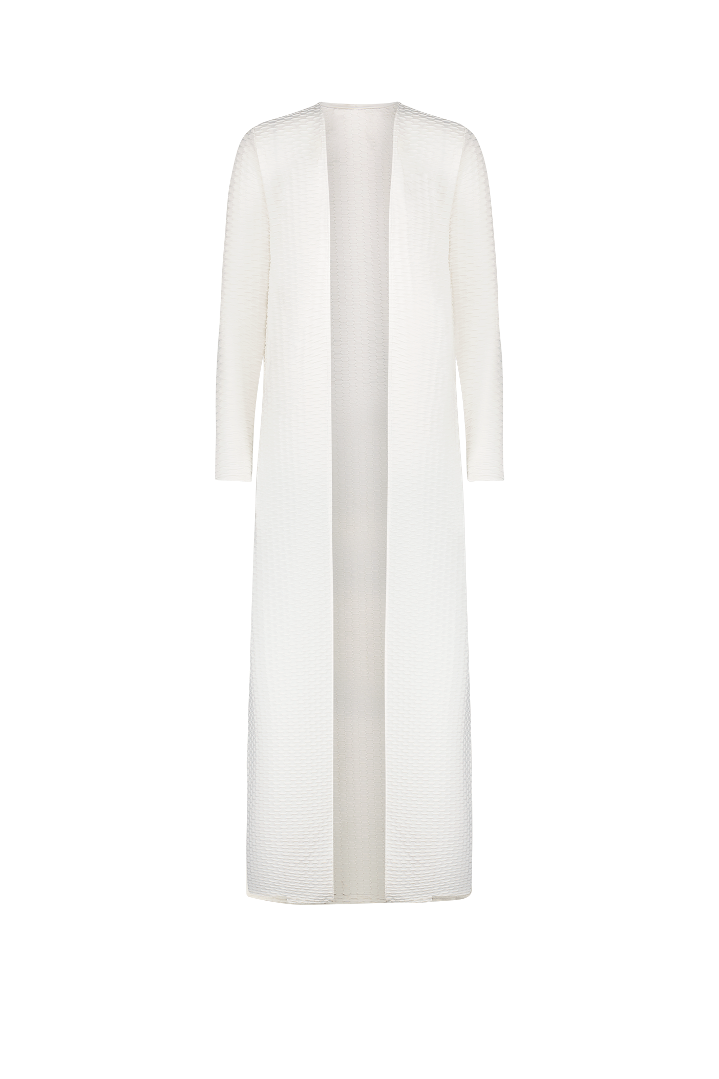 A long, white, textured open-front cardigan with full sleeves is displayed against a plain background. This elegant Teagen Maxi Dress from Gigi C Bikinis features a luxurious texture and extends gracefully below the knees.