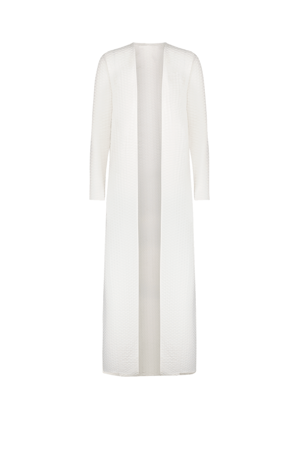 A long, white, textured open-front cardigan with full sleeves is displayed against a plain background. This elegant Teagen Maxi Dress from Gigi C Bikinis features a luxurious texture and extends gracefully below the knees.