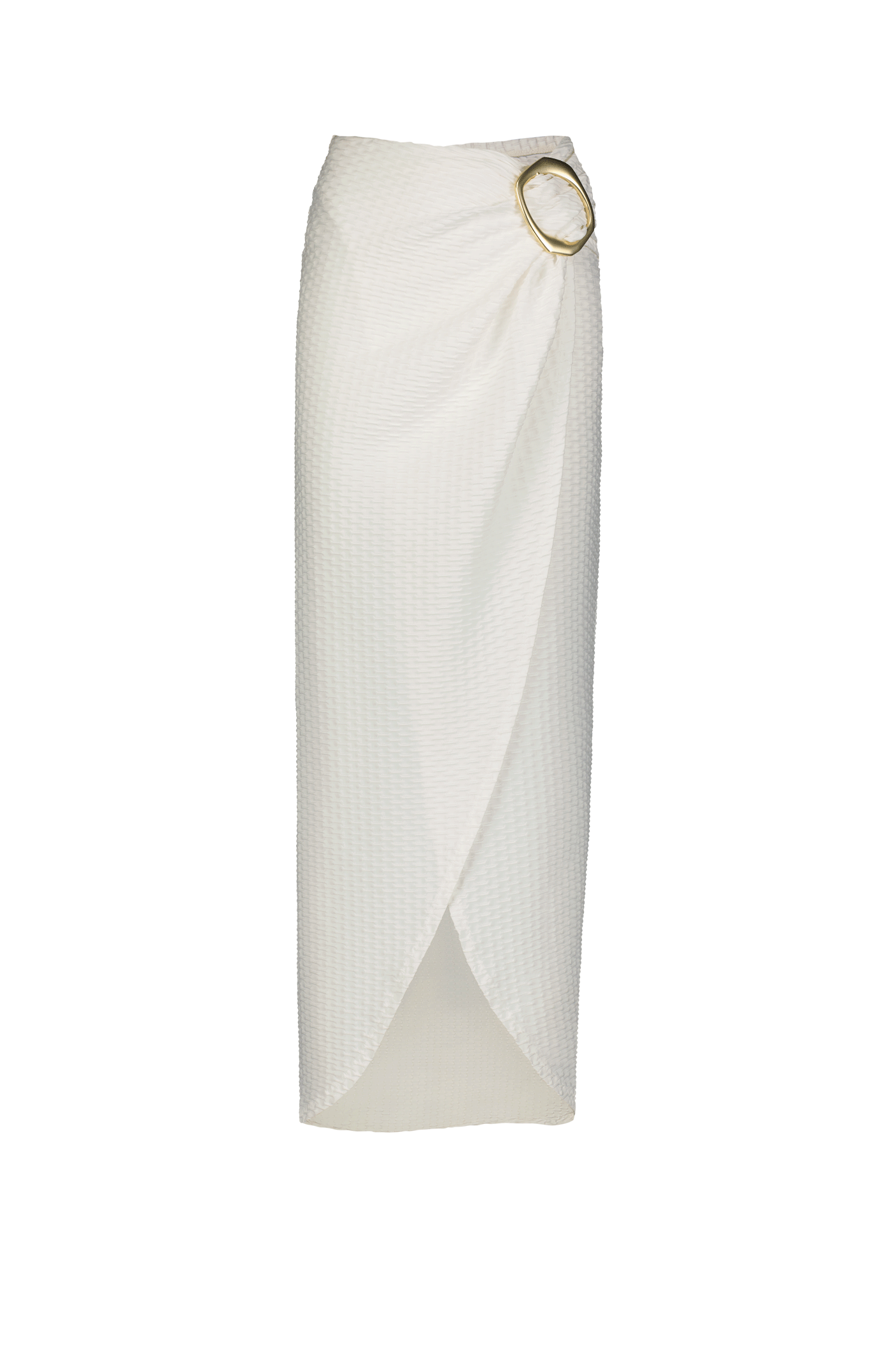 Introducing the Estelle Skirt by Gigi C Bikinis: a cream midi with a wrap design, thigh-high split, and large gold ring waist detail. Its luxurious fabric offers a textured pattern and elegant layered drape with a front overlap.