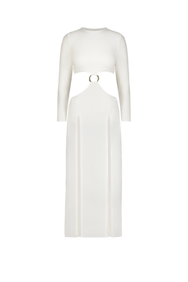 The Arihanna Maxi Dress by Gigi C Bikinis is a striking white, floor-length piece with long sleeves, a textured pattern, and an asymmetric ring-accented circular waist cutout. Its high neck and fitted silhouette blend elegance and contemporary style seamlessly.