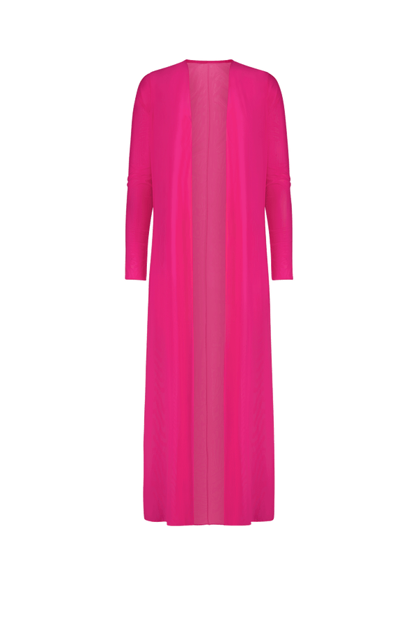 The Marie Mesh Coverup by Gigi C Bikinis is a vibrant pink duster with an open front and three-quarter sleeves, enhanced with baby merrow hemming, displayed on a plain white background.