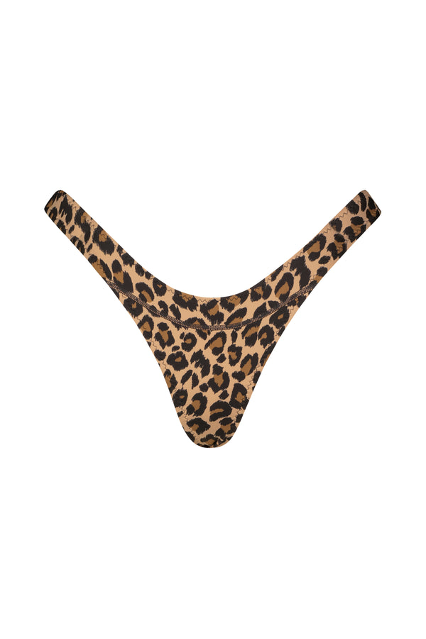 The Francesca Bottom by Gigi C Bikinis is a leopard-print thong with a V-shape design and high-cut legs. Its classic brown and black pattern offers a bold style, while smooth, seamless edges provide a sleek finish.