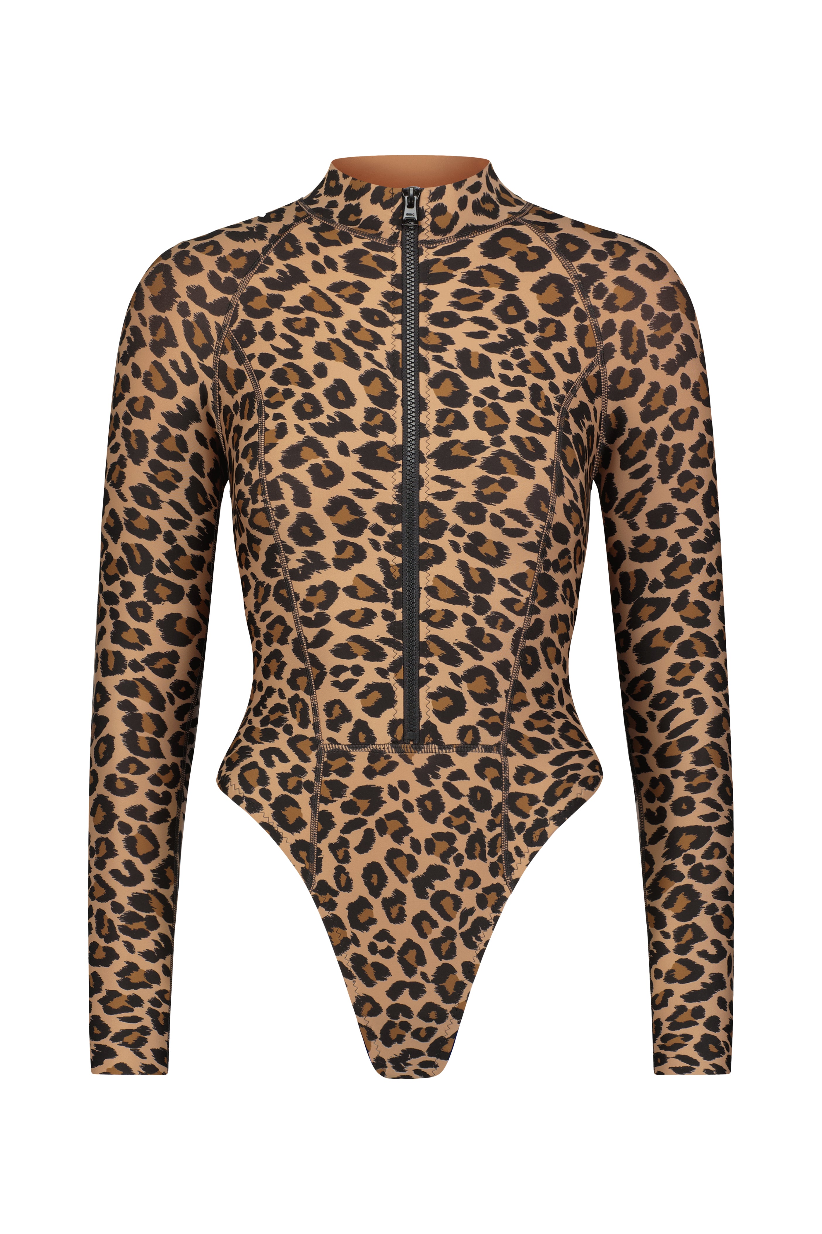 Discover the chic allure of Gigi C Bikinis Kendall Surfsuit, crafted from signature scuba fabric with a bold leopard print and convenient front zipper, perfectly blending style and functionality for the modern fashionista.