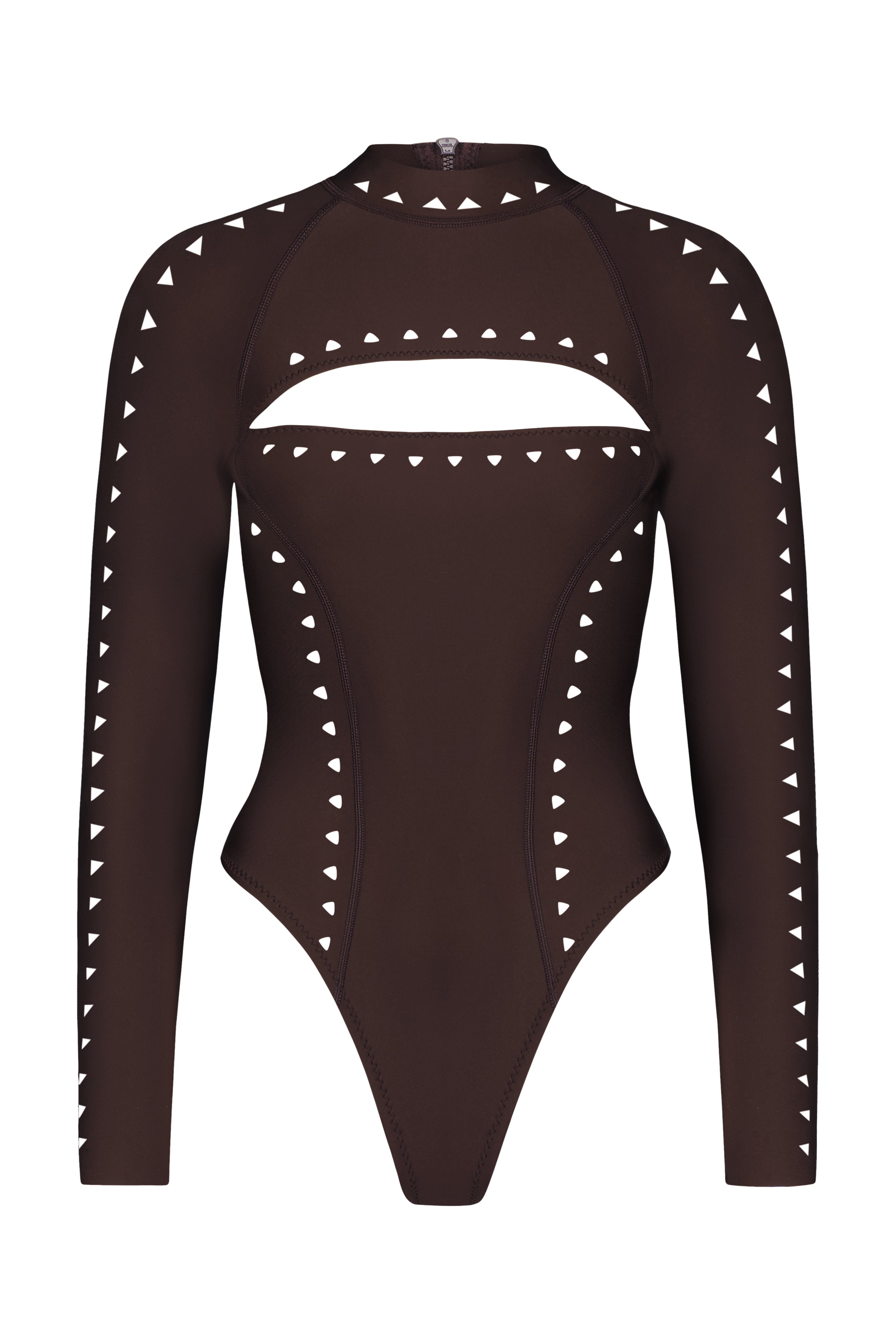 The Laurel Surfsuit by Gigi C Bikinis is a dark long-sleeve bodysuit featuring a front cutout. It has small white triangular studs for a geometric pattern, laser cut details, and a back zipper closure for a sleek fit.