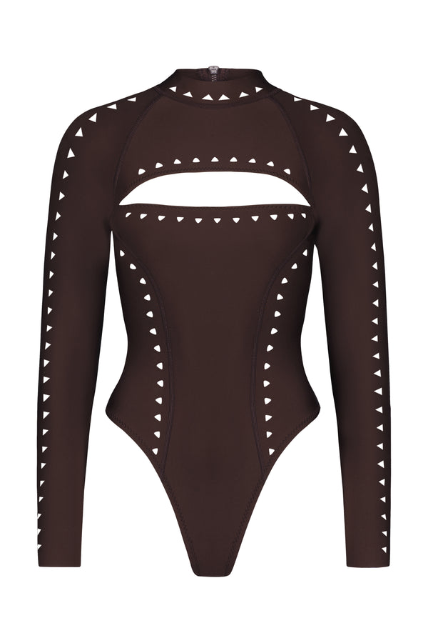 The Laurel Surfsuit by Gigi C Bikinis is a dark long-sleeve bodysuit featuring a front cutout. It has small white triangular studs for a geometric pattern, laser cut details, and a back zipper closure for a sleek fit.