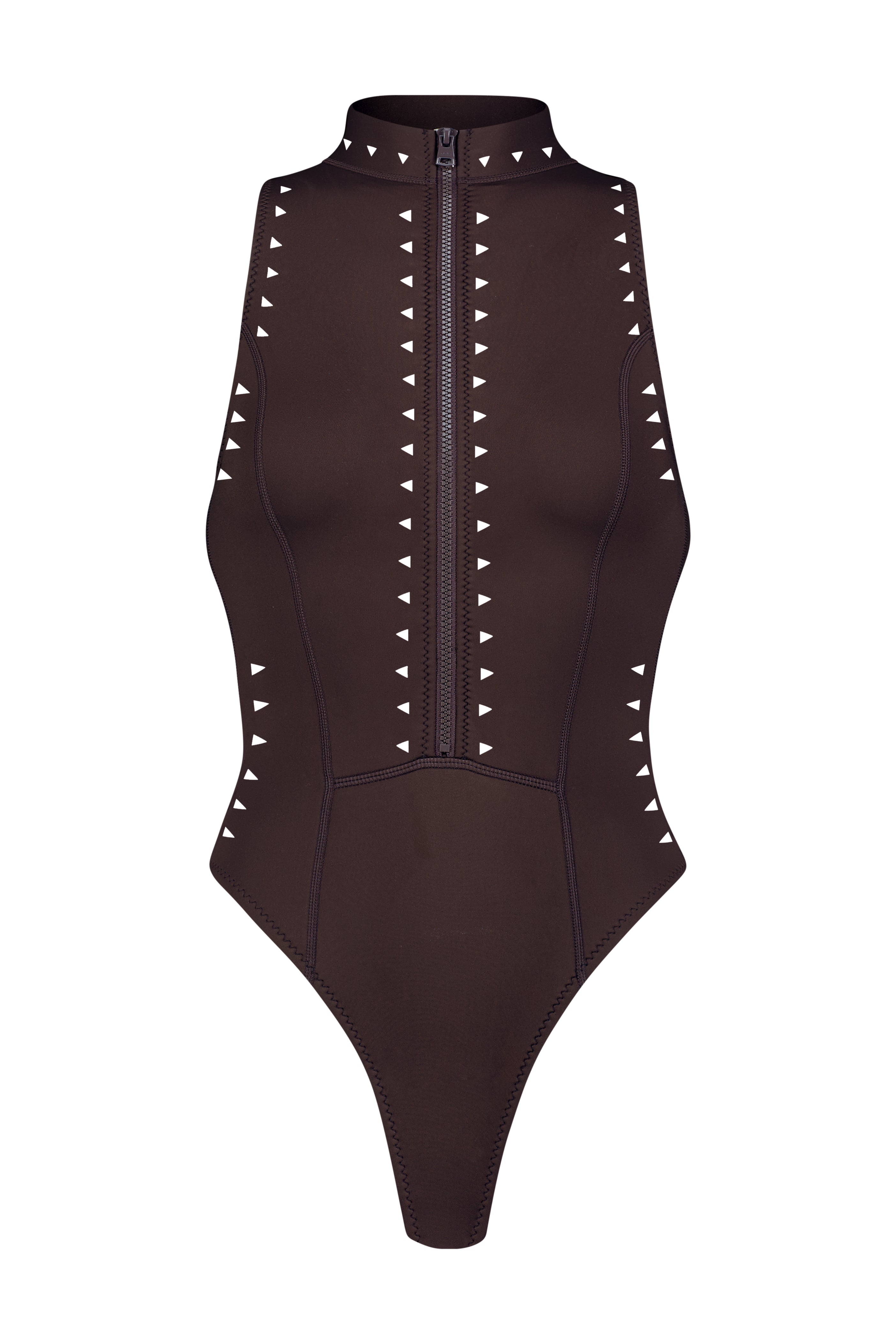 The Mathilda One Piece by Gigi C Bikinis is a black high-neck bodysuit with triangle laser cutouts, a front zipper, and triangular white side accents. Its scuba-inspired fitted design enhances the waist and hips, featuring a high-cut leg for added allure.