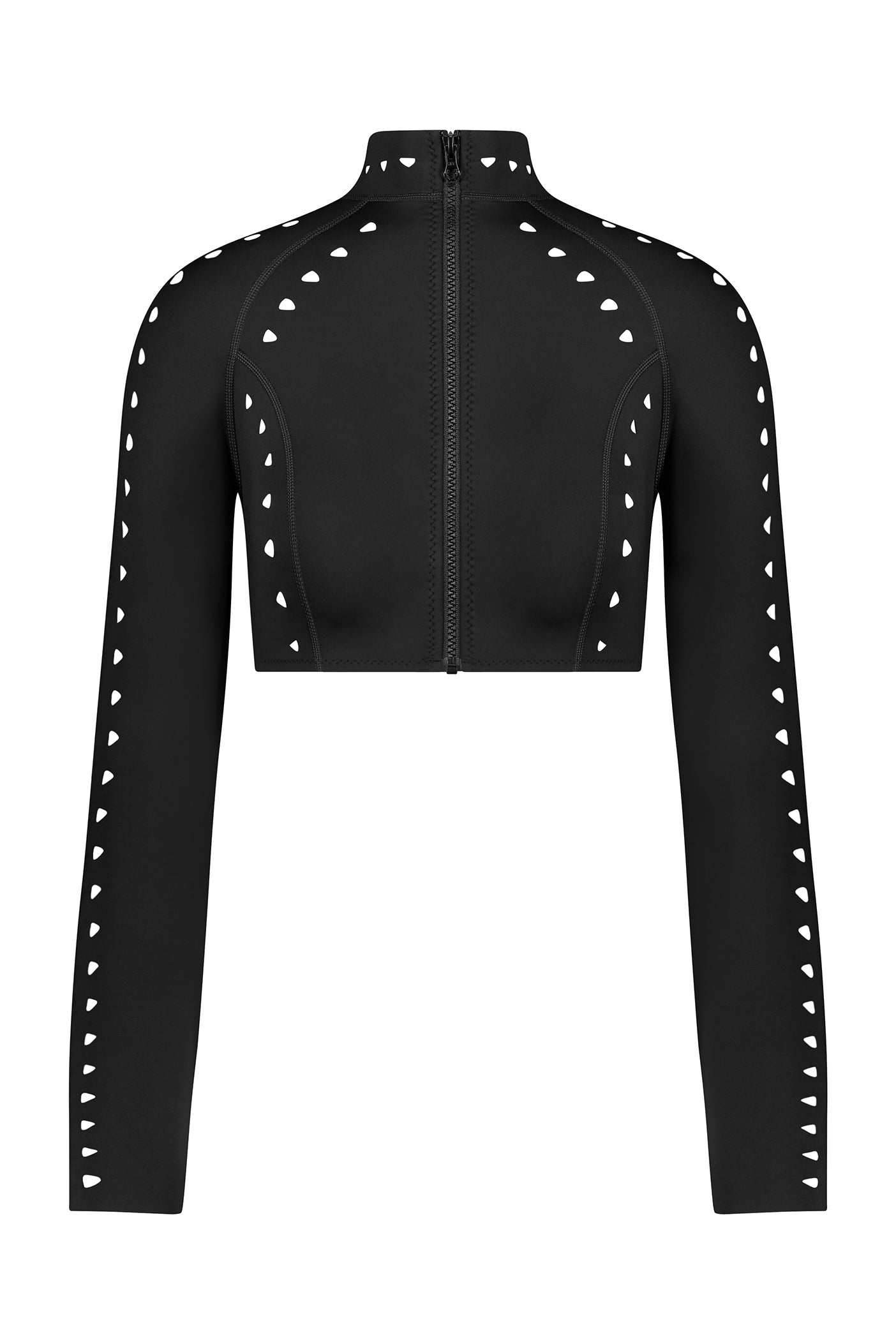 The Gigi C Bikinis Morgan Surf Jacket is a black, long-sleeve cropped jacket made from sporty scuba fabric. It boasts a high neck, zipper closure, and sleek white cutout designs along the sleeve and shoulder seams for a modern touch.