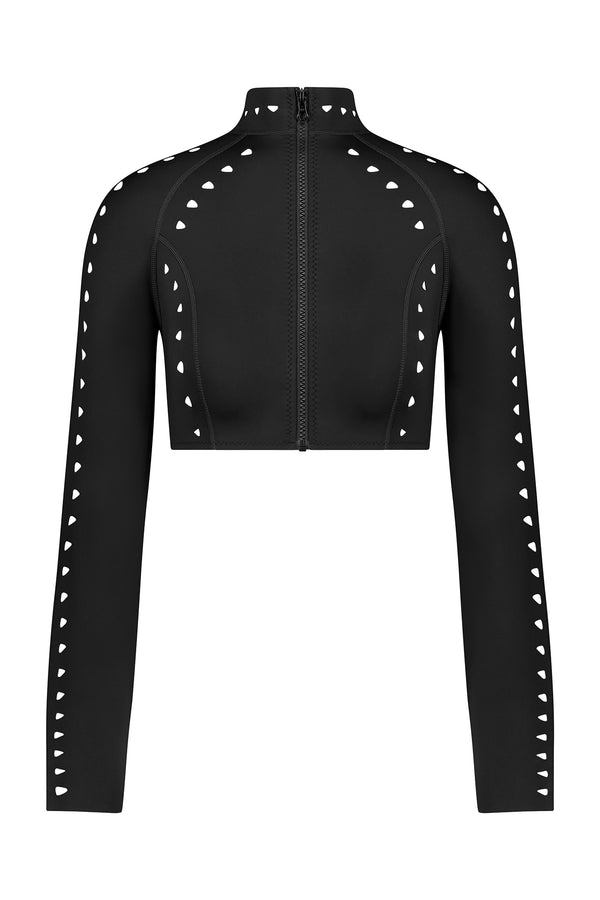 The Gigi C Bikinis Morgan Surf Jacket is a black, long-sleeve cropped jacket made from sporty scuba fabric. It boasts a high neck, zipper closure, and sleek white cutout designs along the sleeve and shoulder seams for a modern touch.