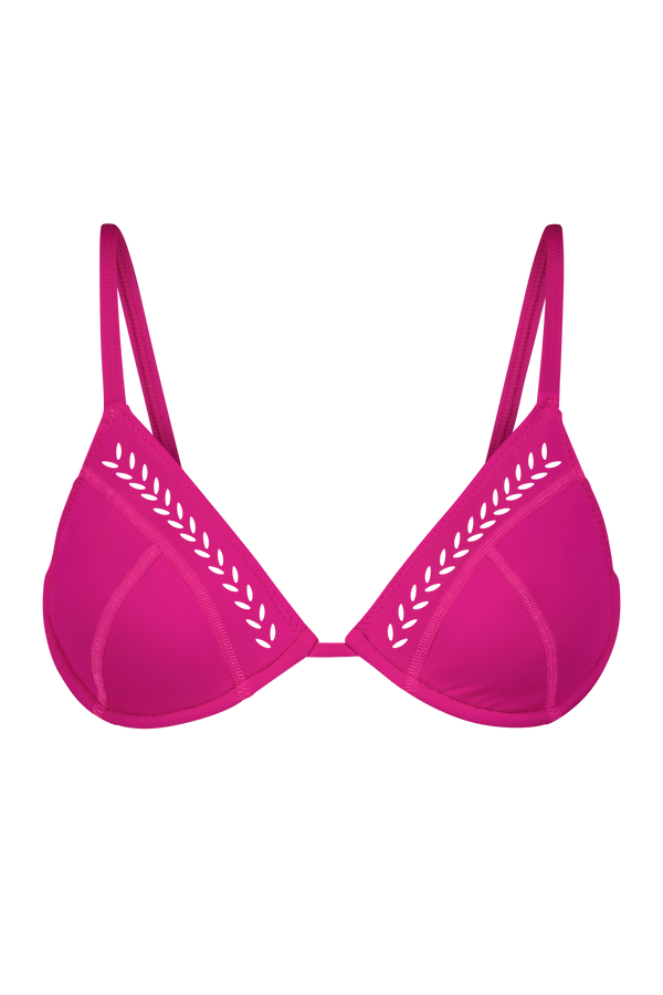 The Alice Bra by Gigi C Bikinis showcases a trendy pink bikini style with thin straps and intricate laser cutouts, perfect for updating your beachwear collection.