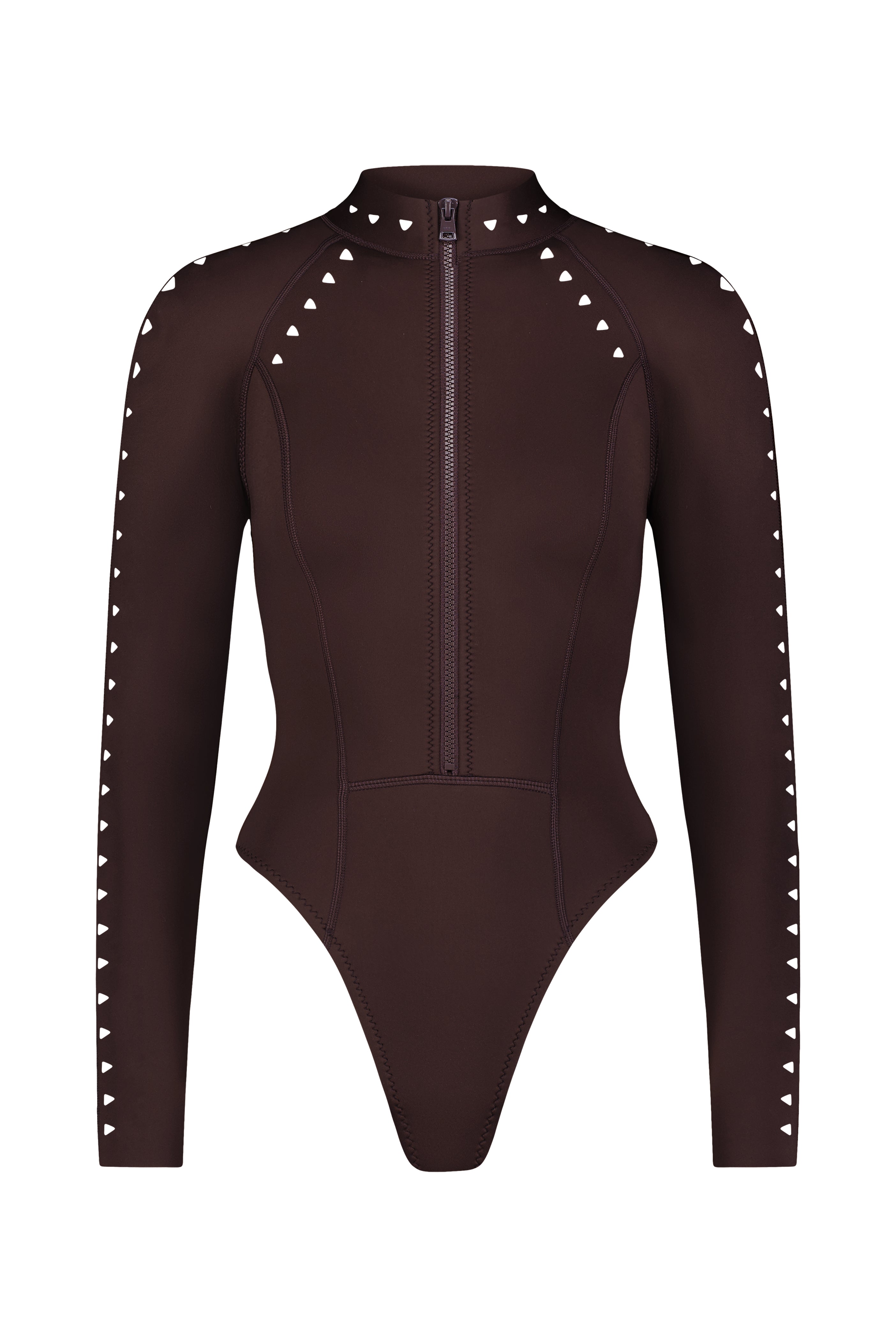 The Gigi C Bikinis Riley Surfsuit Full Coverage is a sleek, brown long-sleeve bodysuit in scuba fabric with a front zipper and stylish white triangles on the sleeves and shoulders for a form-fitting look.