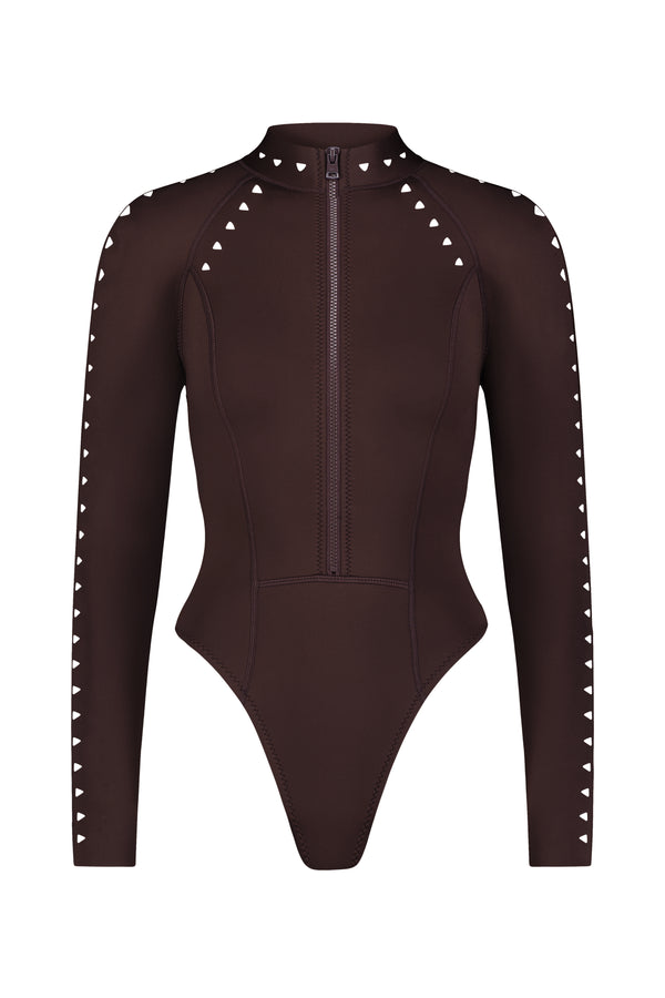The Gigi C Bikinis Riley Surfsuit Full Coverage is a sleek, brown long-sleeve bodysuit in scuba fabric with a front zipper and stylish white triangles on the sleeves and shoulders for a form-fitting look.