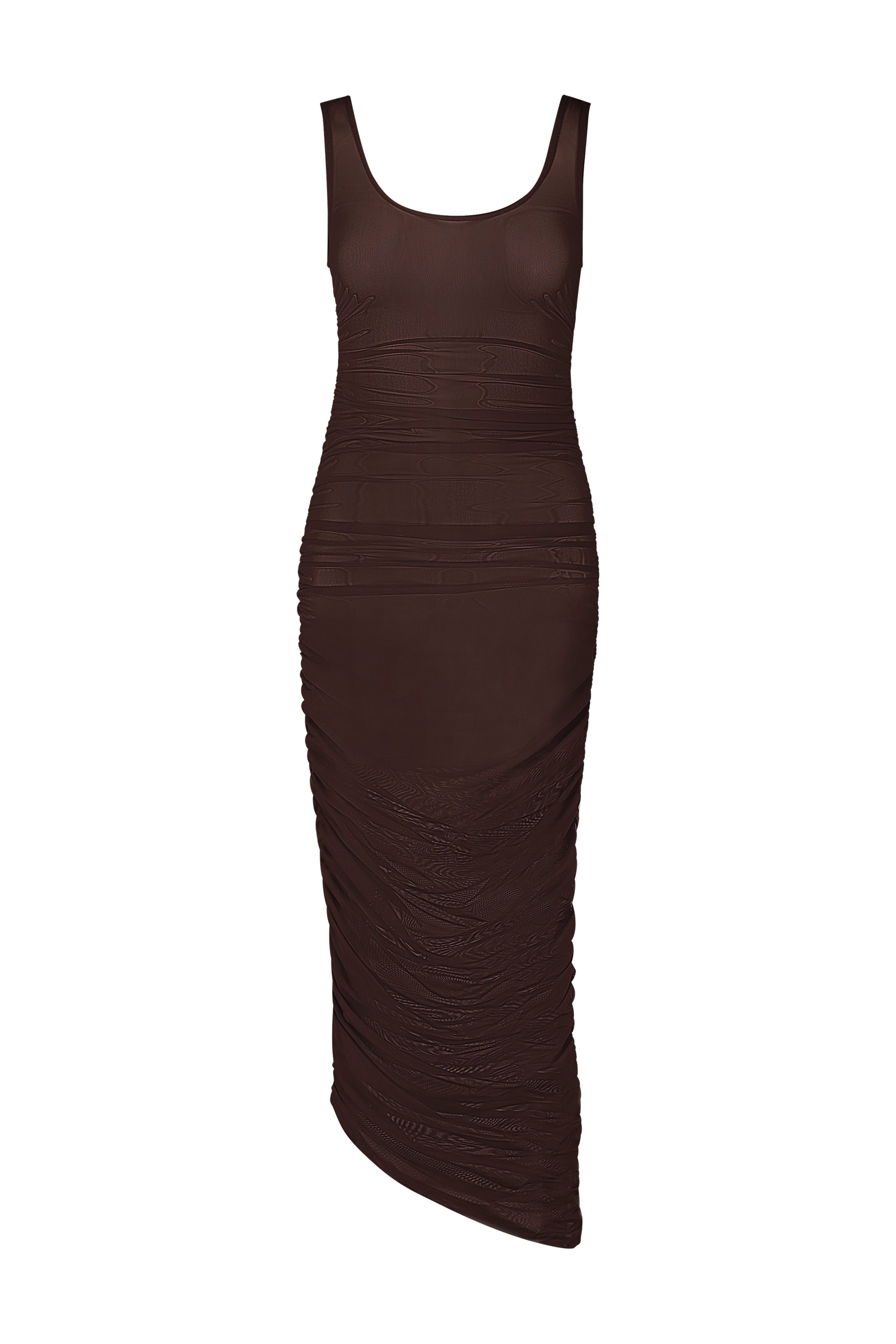 Introducing the Stevie Midi Dress by Gigi C Bikinis: a sleeveless brown bodycon crafted from silky mesh fabric, featuring a scoop neckline, ruched detailing, and an asymmetrical hemline. This knee-length dress is beautifully displayed against a white background.