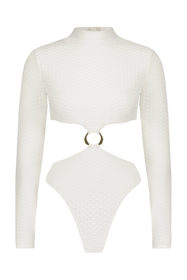 Discover the elegant Jordan Surfsuit by Gigi C Bikinis: a white textured, long-sleeve bodysuit with a high neckline, stylish waist cutout, and asymmetric ring. Its chlorine-resistant for confident wear while ensuring a unique silhouette.