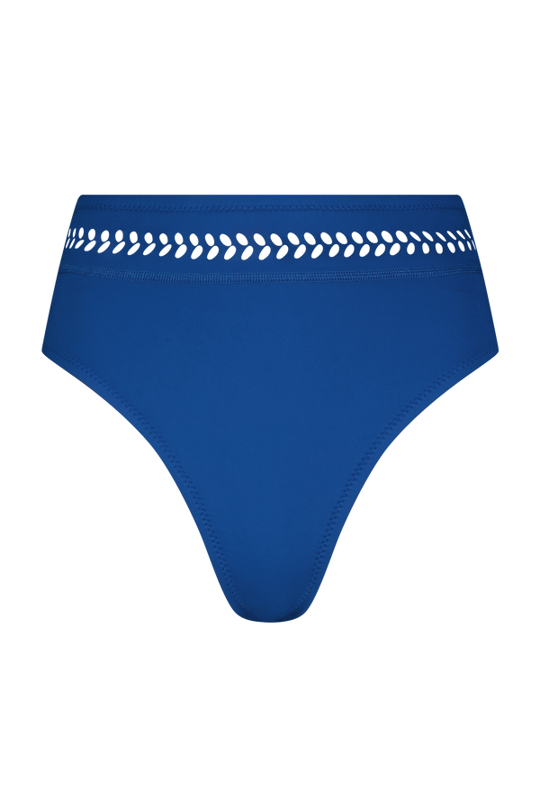 The Tabitha Bottom by Gigi C Bikinis is a high-waisted, blue scuba fabric bikini bottom with a black waistband, featuring a heart-shaped laser cutout pattern.