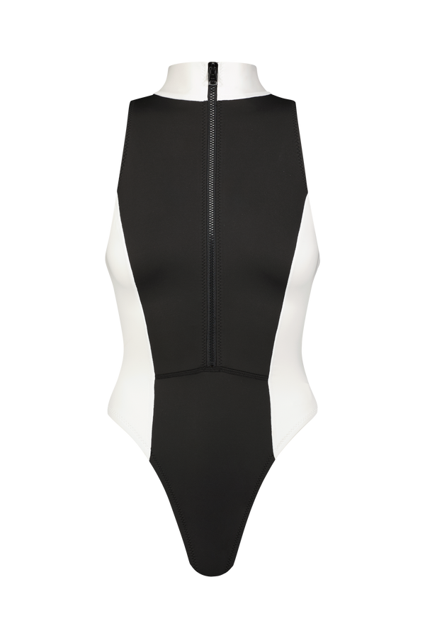 The Tessa One Piece by Gigi C Bikinis is a sleek black and white sleeveless surfsuit featuring a high leg cut, high neckline, and front zipper. Contrasting side panels and scuba Flatlock seaming provide a smooth silhouette for ultimate style and comfort.