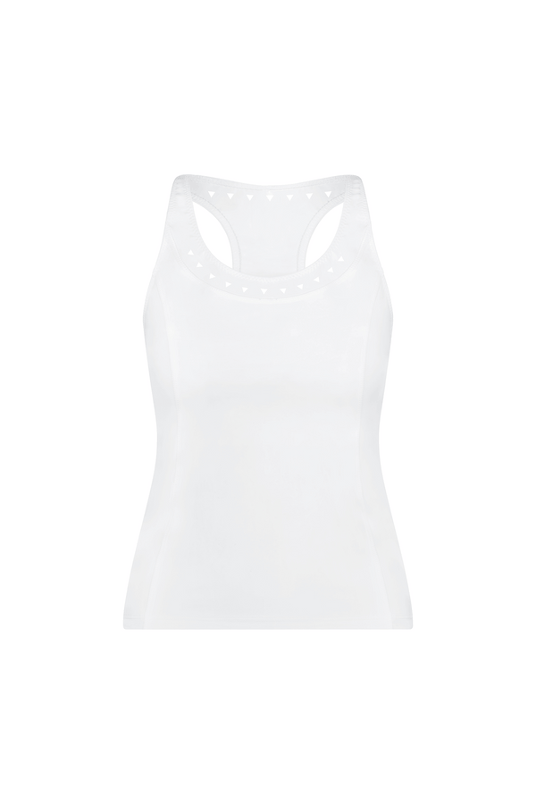 The Gigi C Sport Roberta Tank is a white slim-fit racerback top featuring a subtle heart pattern trim on the neckline and armholes. Its breathable fabric offers a soft, slightly sheer appearance for an effortlessly lightweight look.
