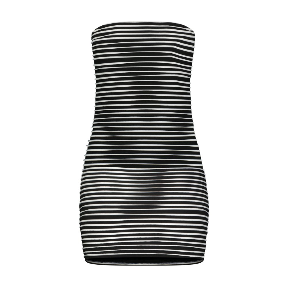 The Amaya Dress by Gigi C Bikinis is a strapless black-and-white striped piece on a white backdrop, perfect for chic resort wear. Its fitted design, crafted from luxurious stretchy fabric, offers both comfort and style.