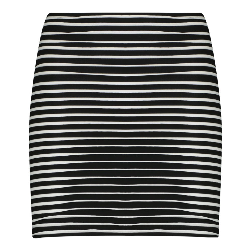 The Becca Skirt by Gigi C Bikinis is a fitted black and white 3-D horizontal striped pencil skirt with a sleek, smooth fabric and an elastic waistband, ideal for transitioning from a beach day to a casual evening.