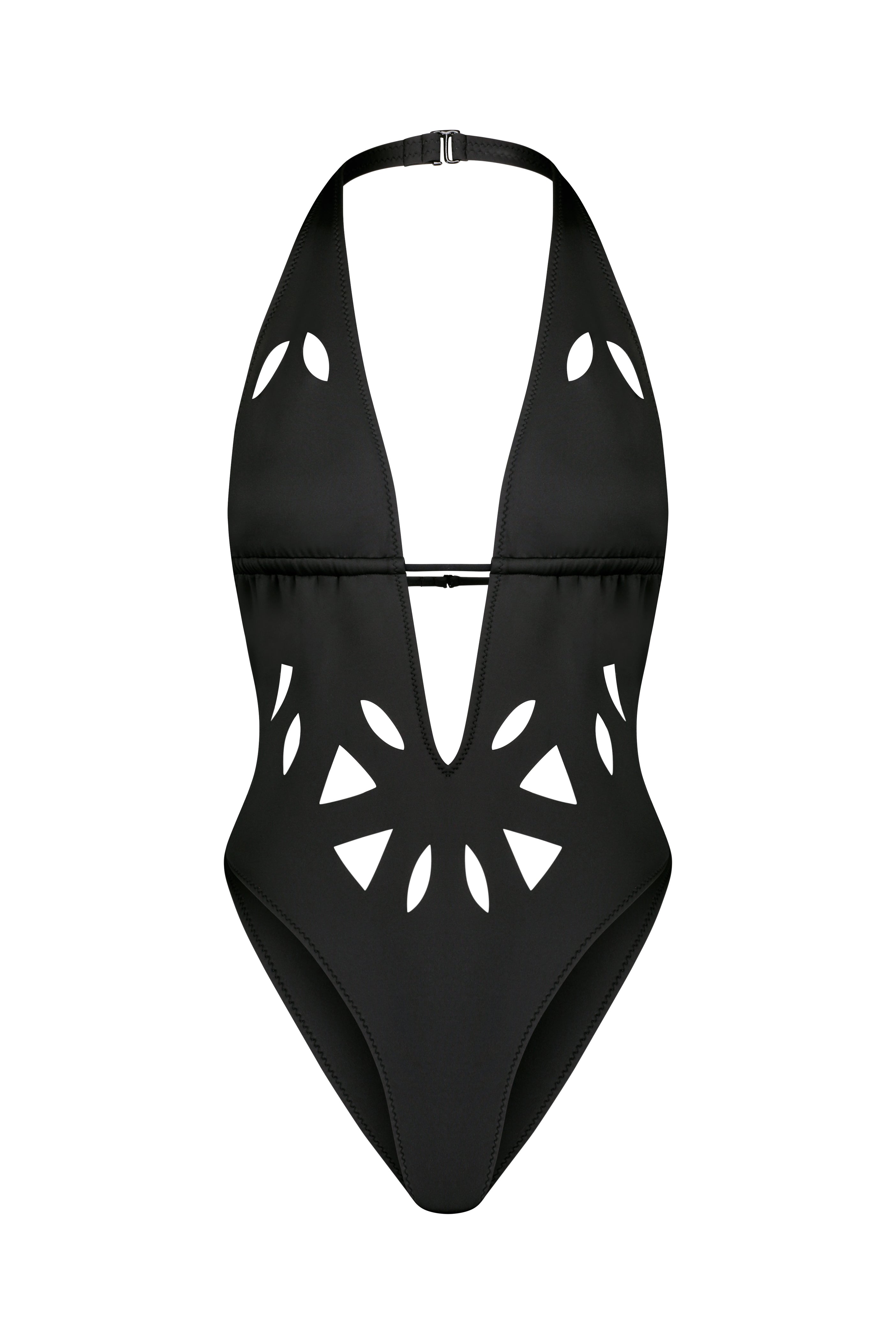 Introducing the Casey Plunging One-Piece by Gigi C Bikinis: a black swimsuit with a plunging neckline and intricate peekaboo cutouts. The halter-style top adds symmetry and elegance, beautifully displayed against a plain white background.