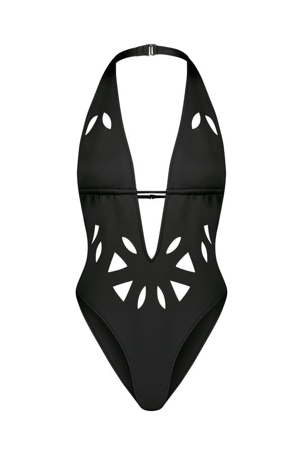 Introducing the Casey Plunging One-Piece by Gigi C Bikinis: a black swimsuit with a plunging neckline and intricate peekaboo cutouts. The halter-style top adds symmetry and elegance, beautifully displayed against a plain white background.