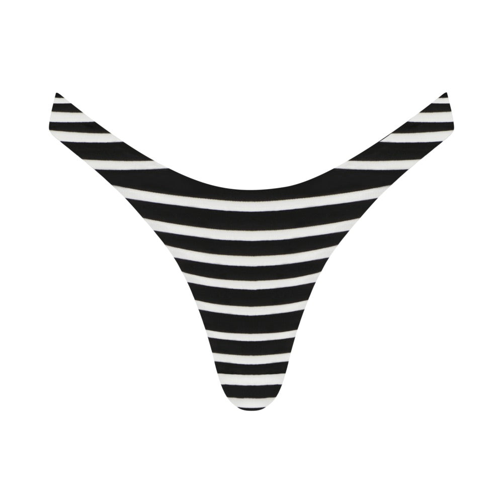 The Gigi C Bikinis Delaney Bottom 3D Stripe is a chic womens thong in black and white horizontal stripes, featuring a high-cut leg design with skimpy coverage on a white background.