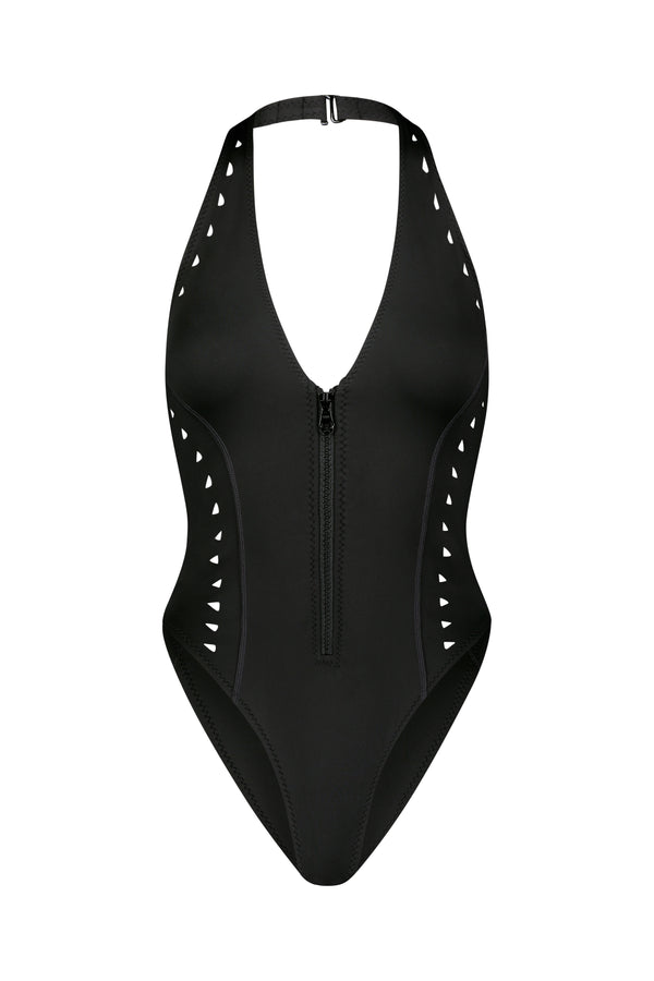 The Grace One Piece by Gigi C Bikinis is a black swimsuit with a plunging neckline, scuba zipper, triangle laser cutouts on the sides, and a halter neck strap, featuring a sleek and modern design.