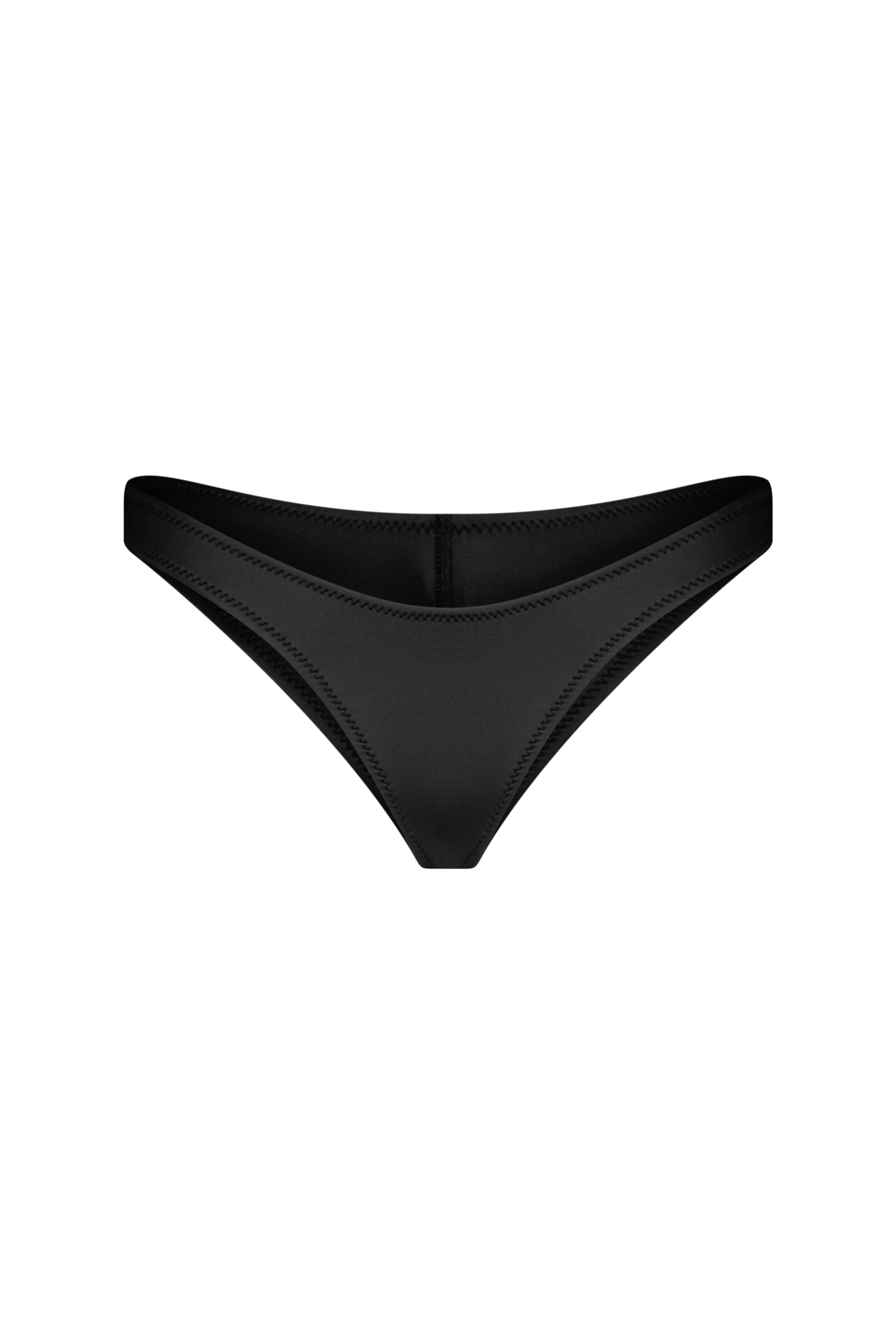 The Kimberly Bottoms by Gigi C Bikinis are black bikini bottoms with a silky, scuba-style texture. They feature a simple, minimalistic design with low-rise cut and symmetrical edge stitching for minimal cheek coverage, set against a pristine white background.