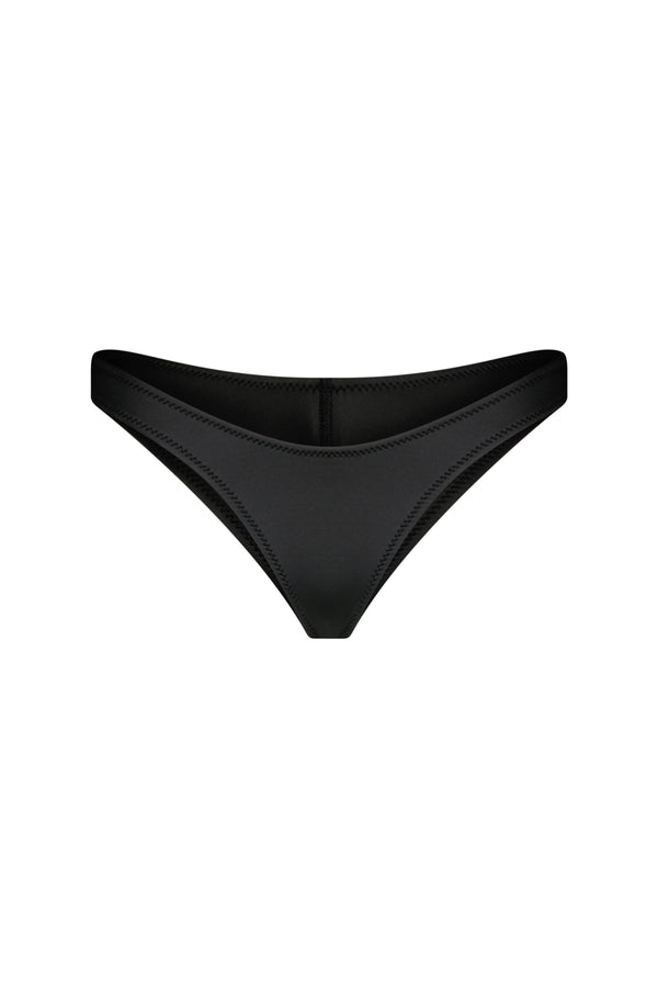 The Kimberly Bottoms by Gigi C Bikinis are black bikini bottoms with a silky, scuba-style texture. They feature a simple, minimalistic design with low-rise cut and symmetrical edge stitching for minimal cheek coverage, set against a pristine white background.
