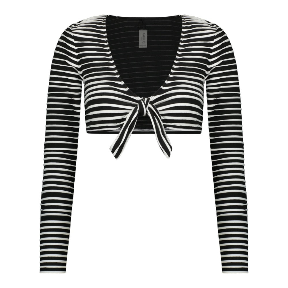 The Lincoln Top by Gigi C Bikinis is a black and white striped, long-sleeve top with a plunging neckline and tie front, ideal for beachwear.