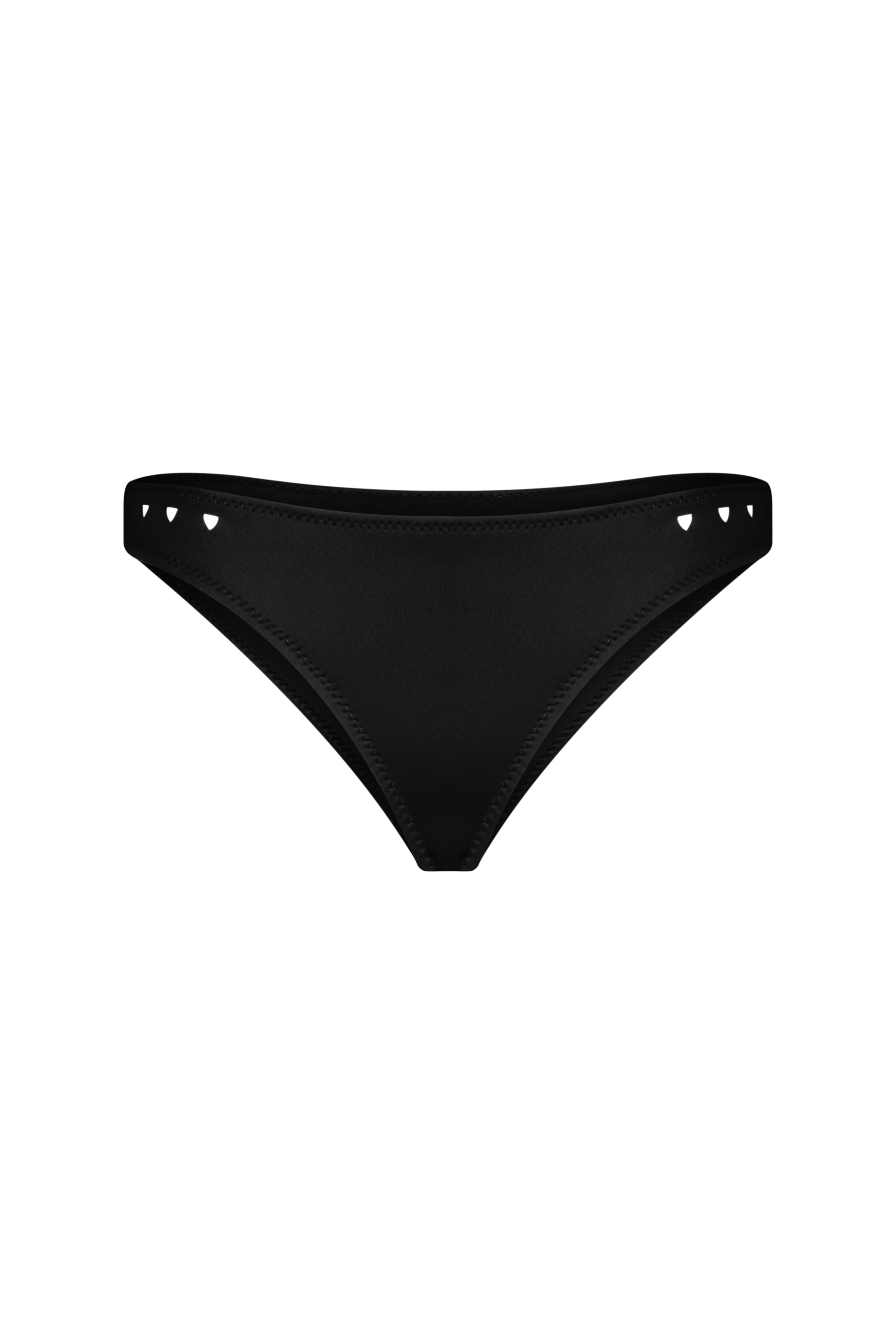 The Linda Bottom by Gigi C Bikinis is a black bikini brief with a hipster silhouette, featuring medium cheek coverage and small heart-shaped cutouts along the waistband.