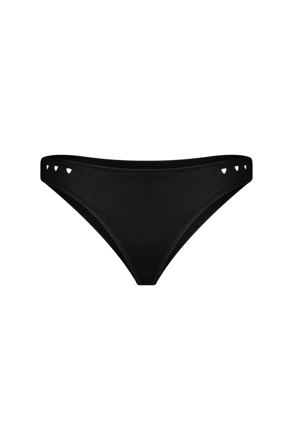 The Linda Bottom by Gigi C Bikinis is a black bikini brief with a hipster silhouette, featuring medium cheek coverage and small heart-shaped cutouts along the waistband.