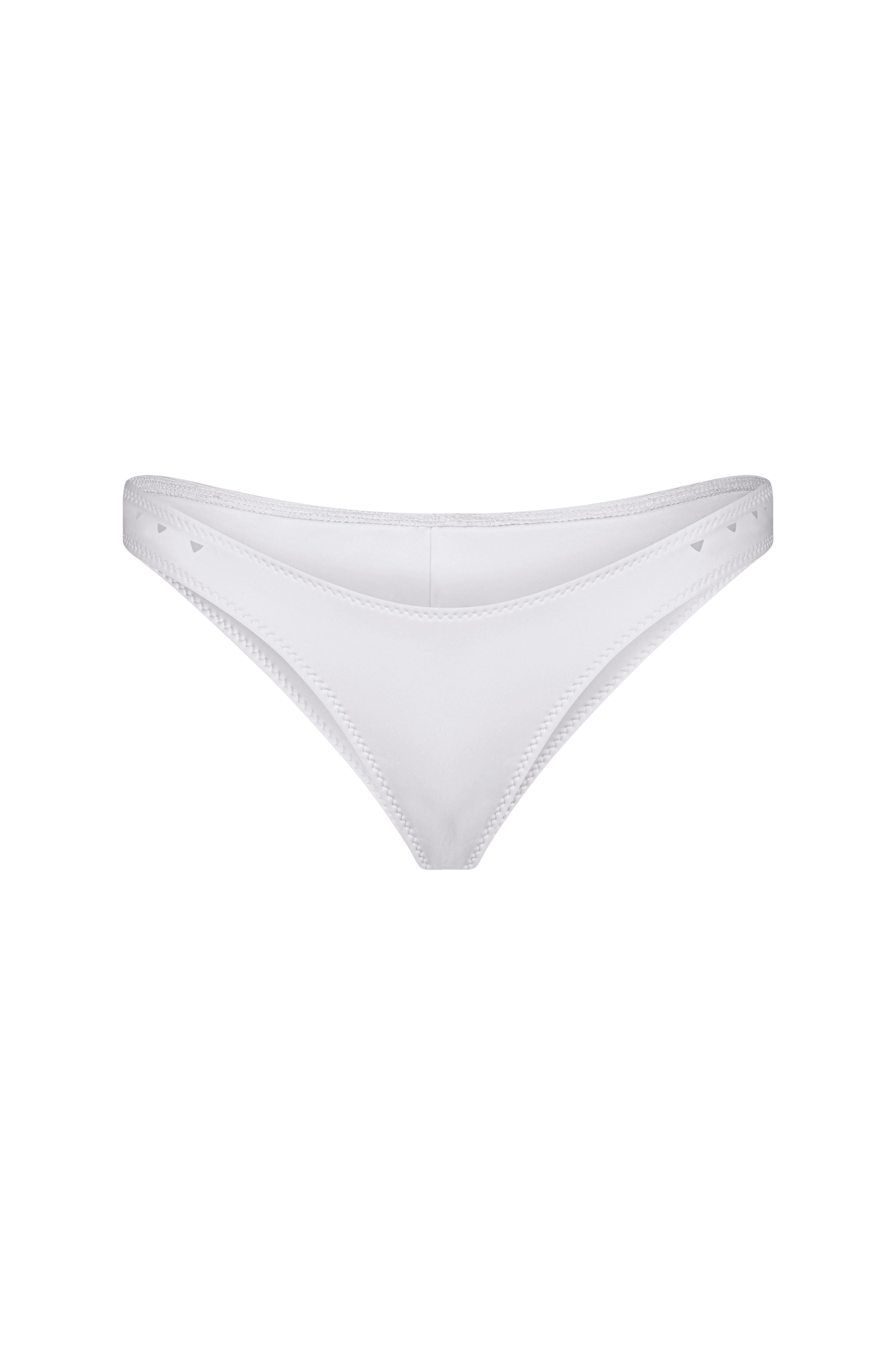 The Linda Bottom by Gigi C Bikinis is a white, smooth, and stretchy hipster bikini bottom featuring subtle edge stitching for medium cheek coverage.