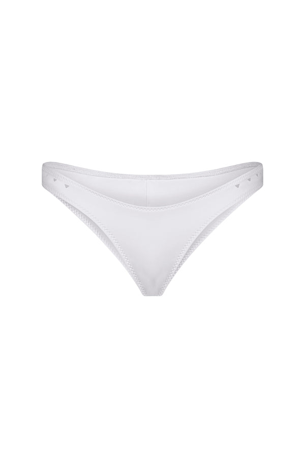 The Linda Bottom by Gigi C Bikinis is a white, smooth, and stretchy hipster bikini bottom featuring subtle edge stitching for medium cheek coverage.