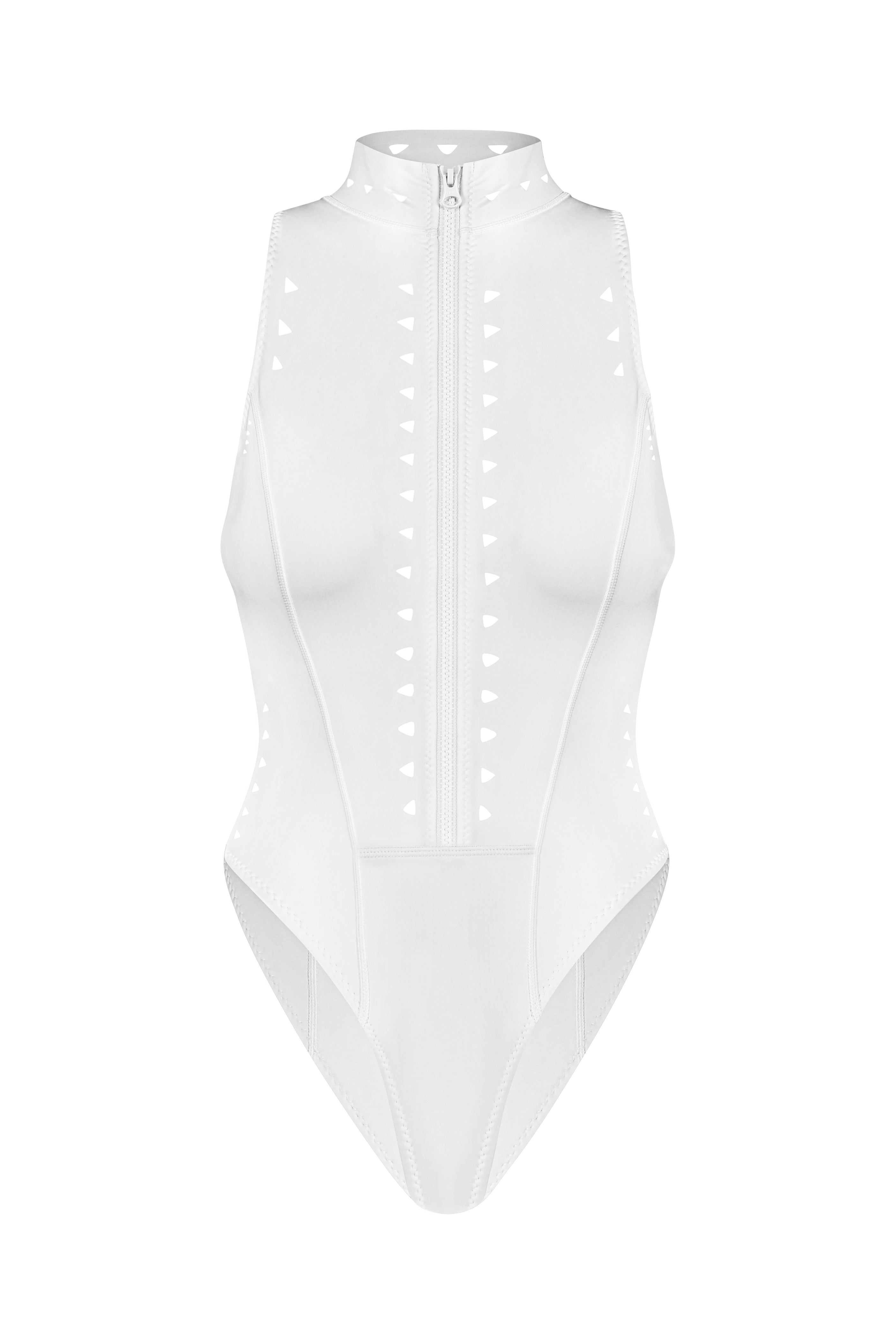 The Mathilda One Piece by Gigi C Bikinis is a white, high-neck swimsuit with a front zip and triangular cutout pattern. It features a high-leg design, moderate bottom coverage, and scuba Flatlock seaming for a sleek, form-fitting look.