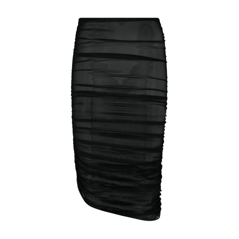 The black sheer mesh skirt from Gigi C Bikinis Odette collection features ruched detailing and an asymmetrical hem, crafted from lightweight see-through fabric for an elegant, stylish look when paired with the Odette top.