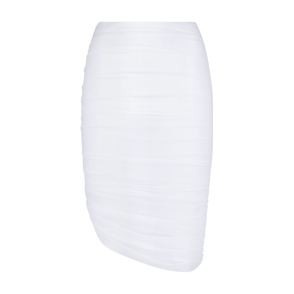 The Odette Skirt by Gigi C Bikinis is a white, fitted pencil skirt featuring a layered textured pattern and silky soft mesh. Its subtle asymmetrical hemline offers a modern touch.