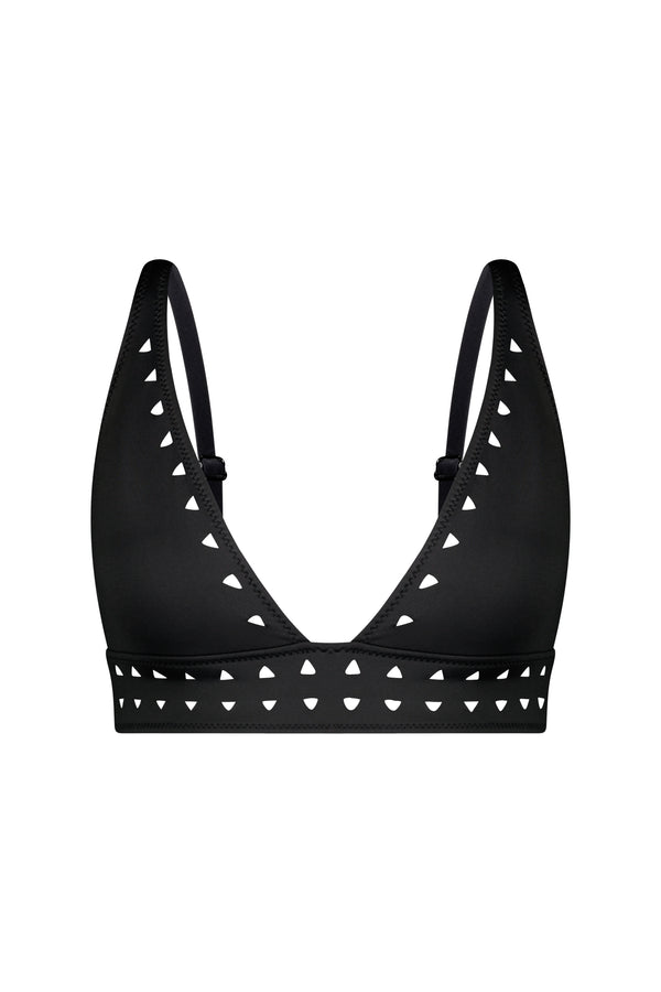 Introducing the Angelica Top by Gigi C Bikinis: a sleek black bralette with intricate triangular cut-outs via lasercut technology along the v-neckline and underband, completed with thin adjustable straps for contemporary elegance.